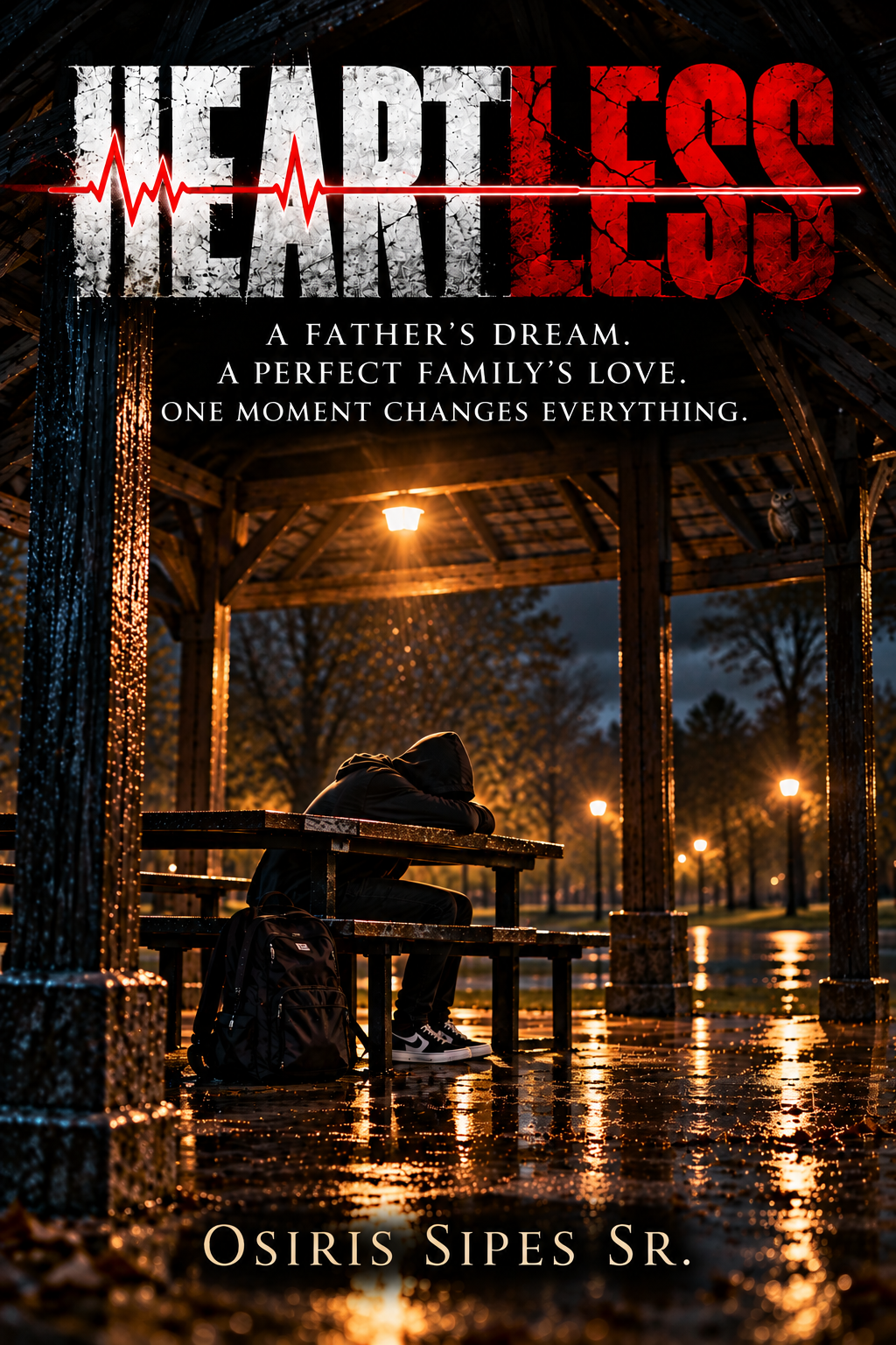 Approved Heartless cover artwork, a solitary hooded figure at a nighttime pavilion